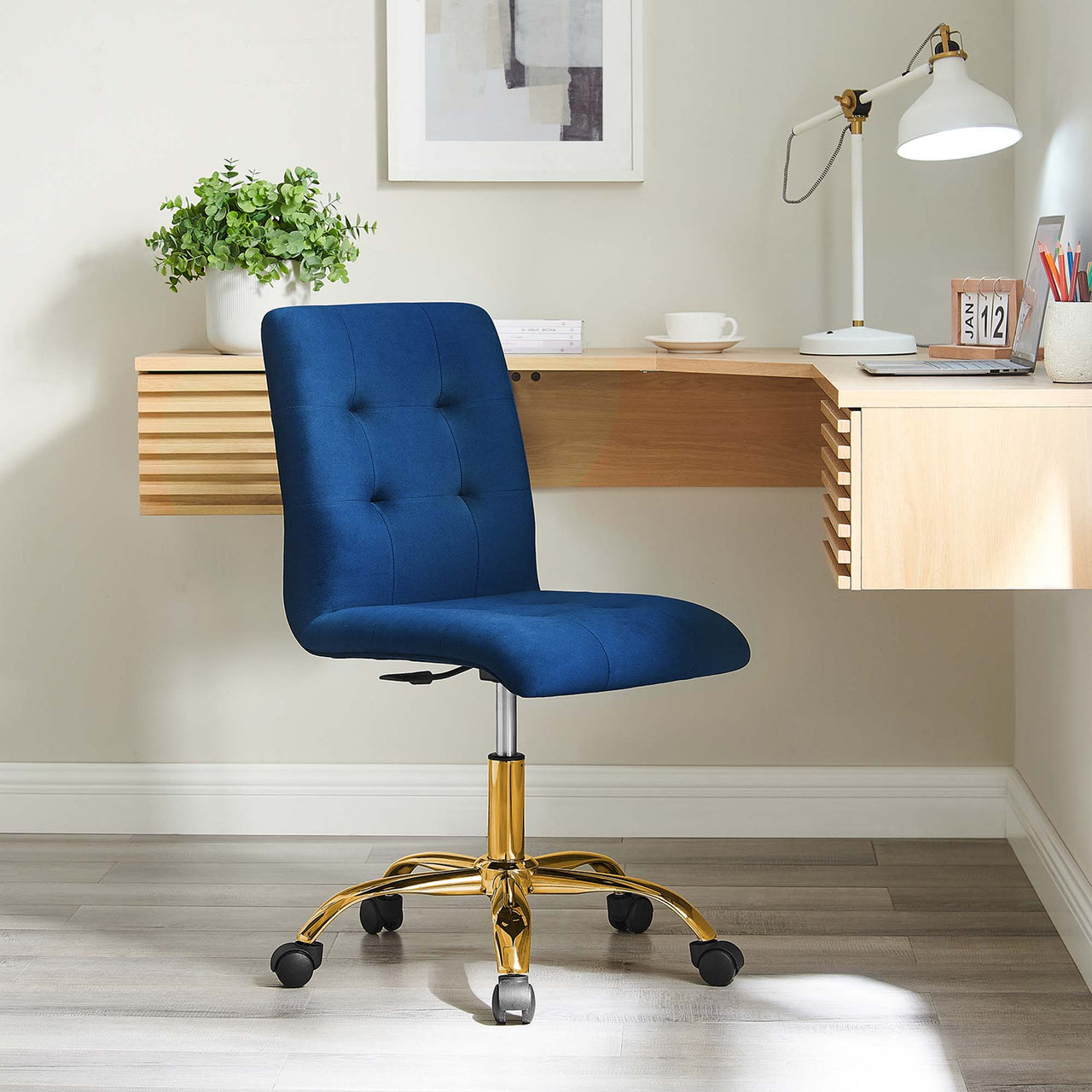 Quartz Armless Velvet Office Chair, Gold & Navy