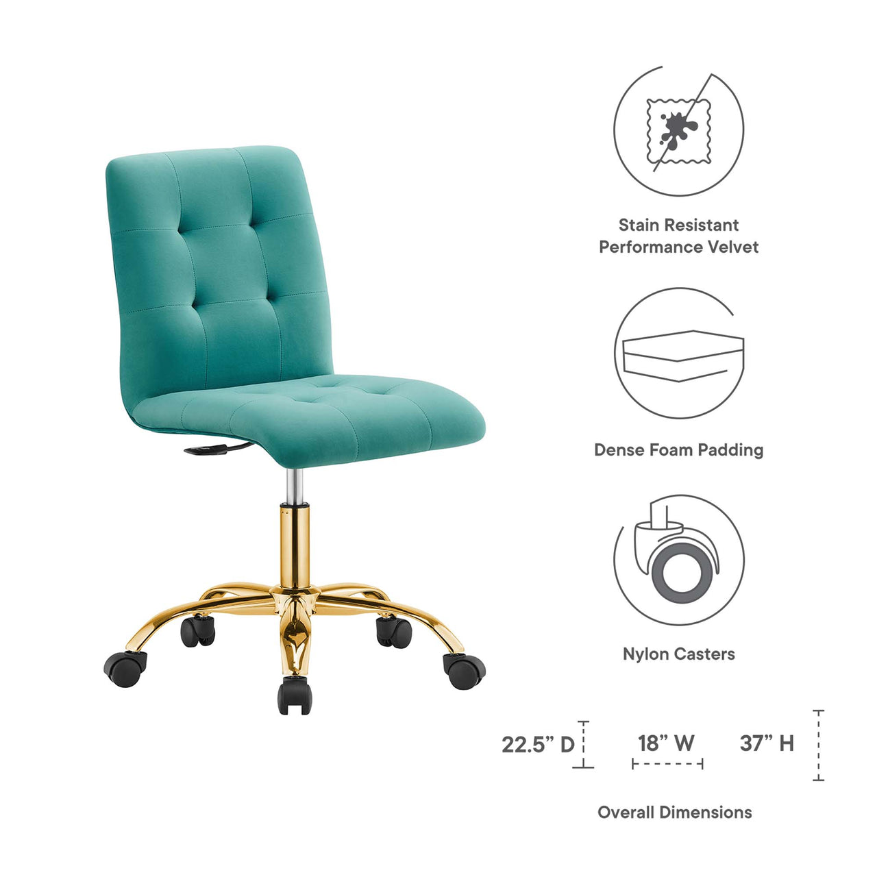 Quartz Armless Velvet Office Chair, Gold & Teal