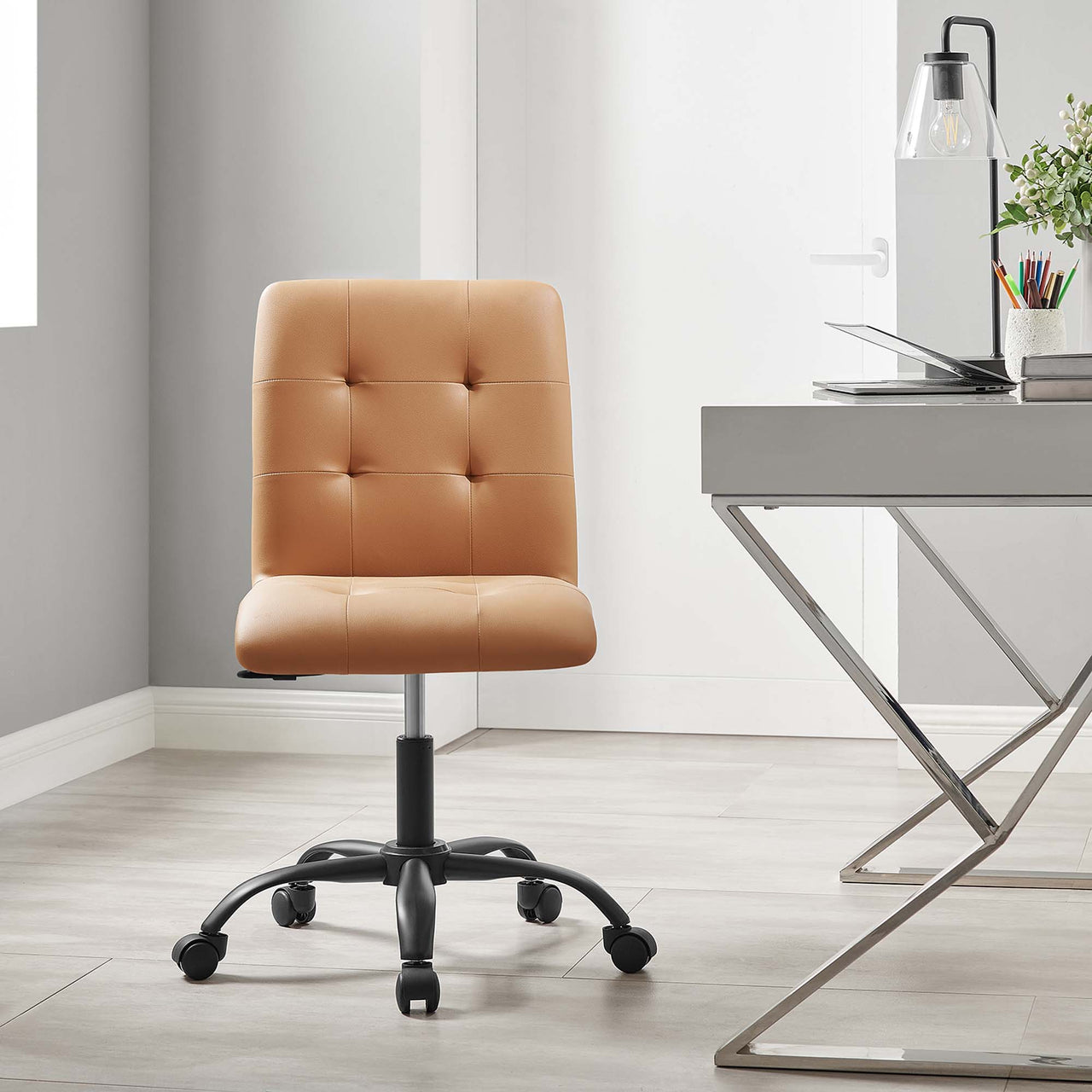 Quartz Armless Eco-Leather Office Chair, Black & Tan