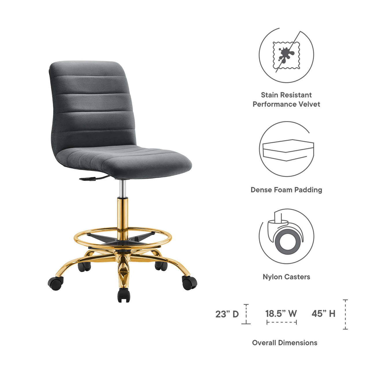 Drift Armless Velvet Drafting Chair, Gold & Gray