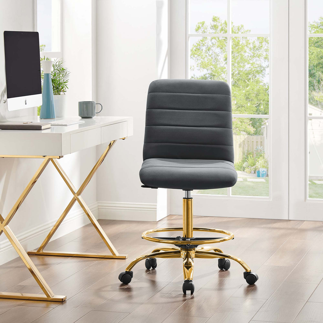 Drift Armless Velvet Drafting Chair, Gold & Gray