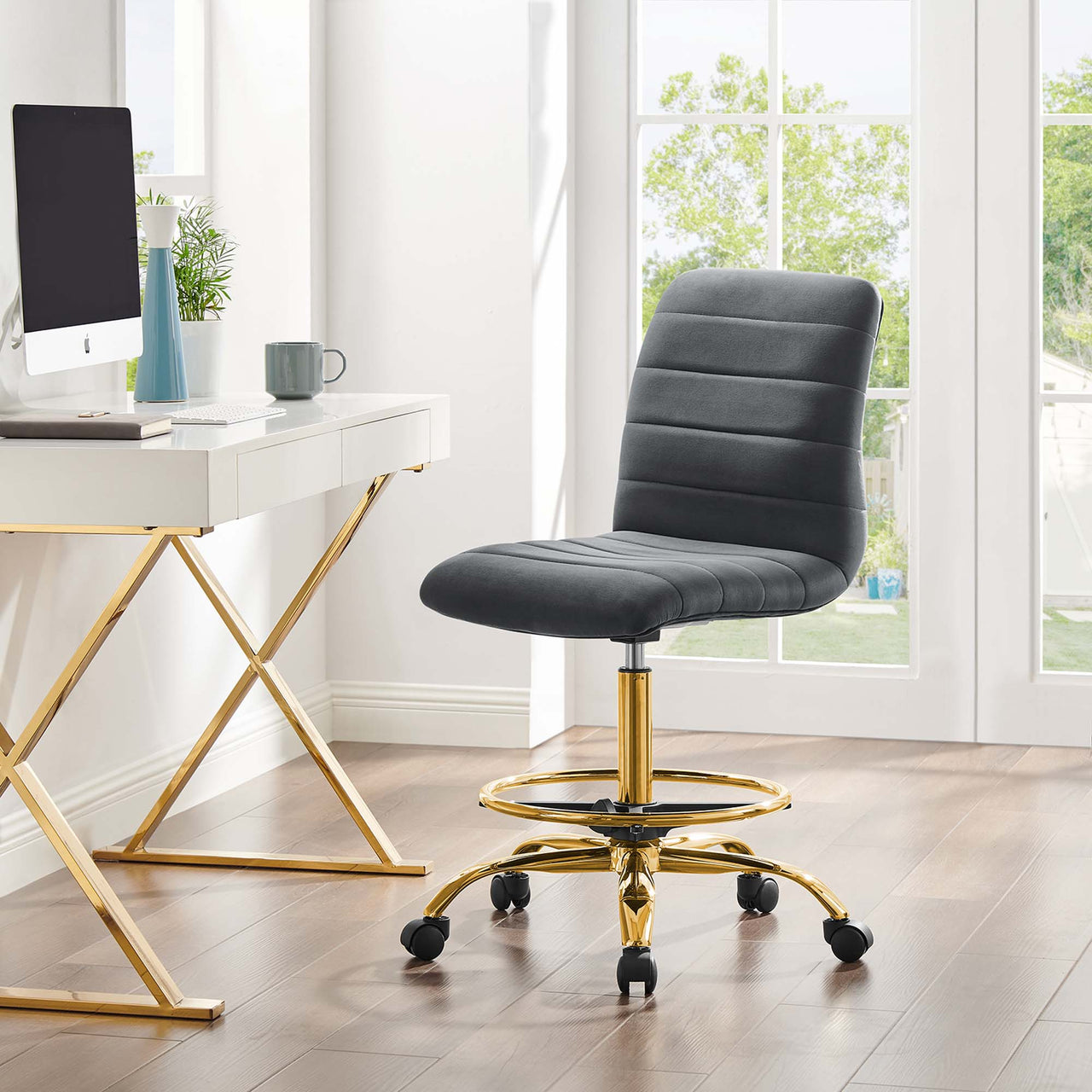 Drift Armless Velvet Drafting Chair, Gold & Gray