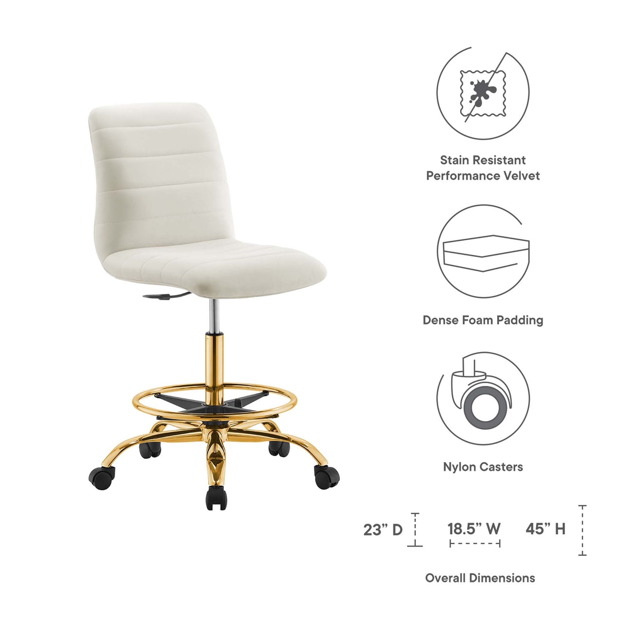 Drift Armless Velvet Drafting Chair, Gold & Ivory