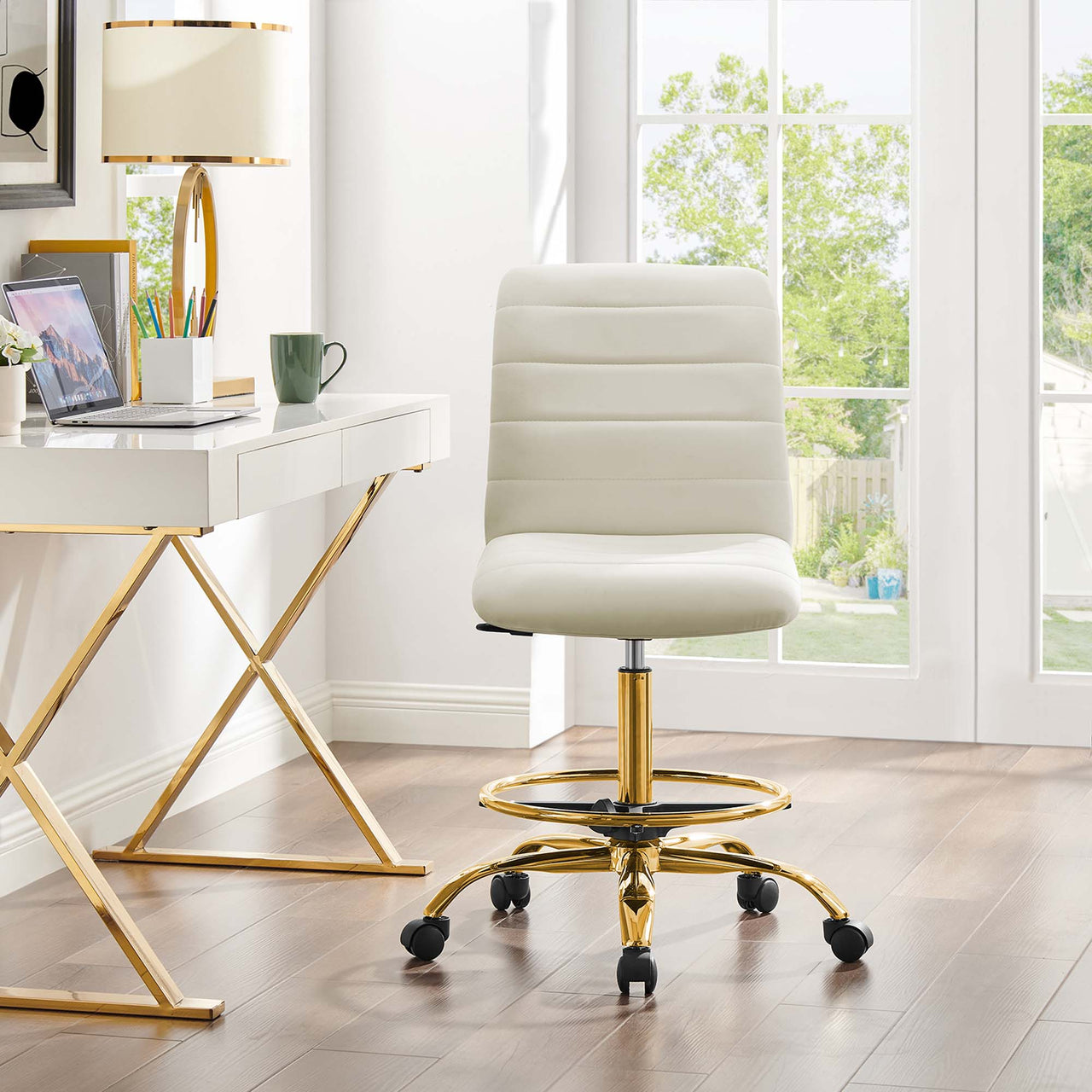 Drift Armless Velvet Drafting Chair, Gold & Ivory