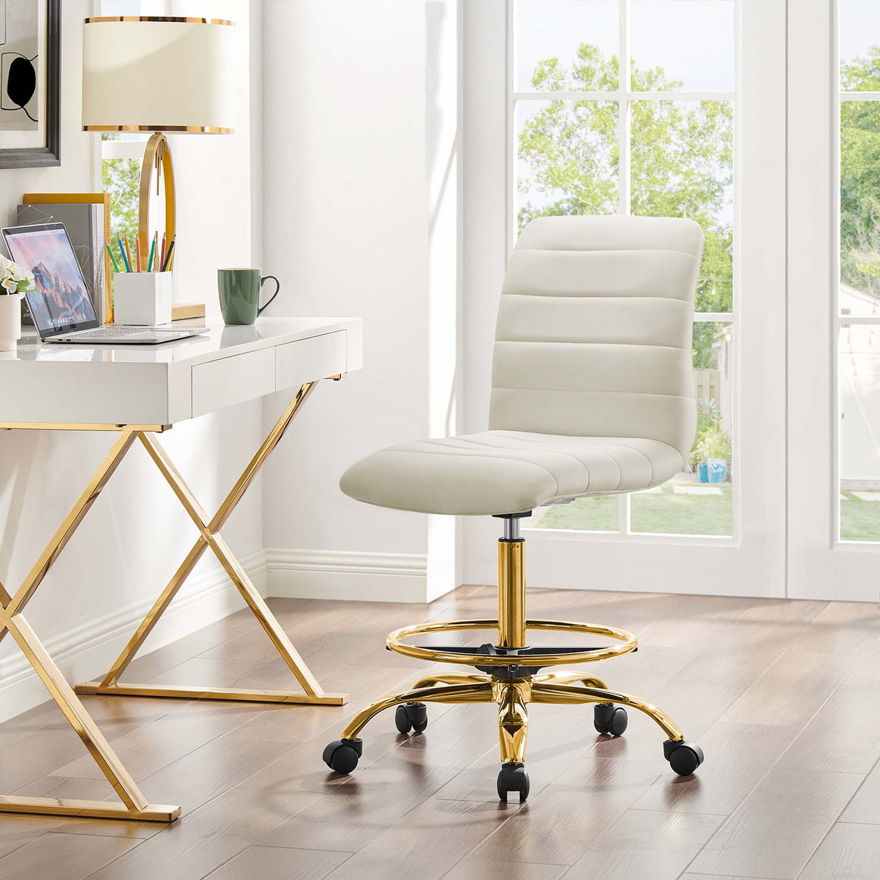 Drift Armless Velvet Drafting Chair, Gold & Ivory