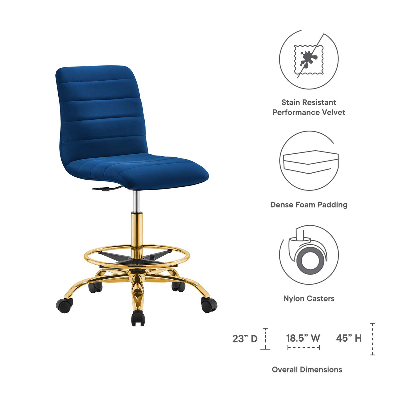 Drift Armless Velvet Drafting Chair, Gold & Navy