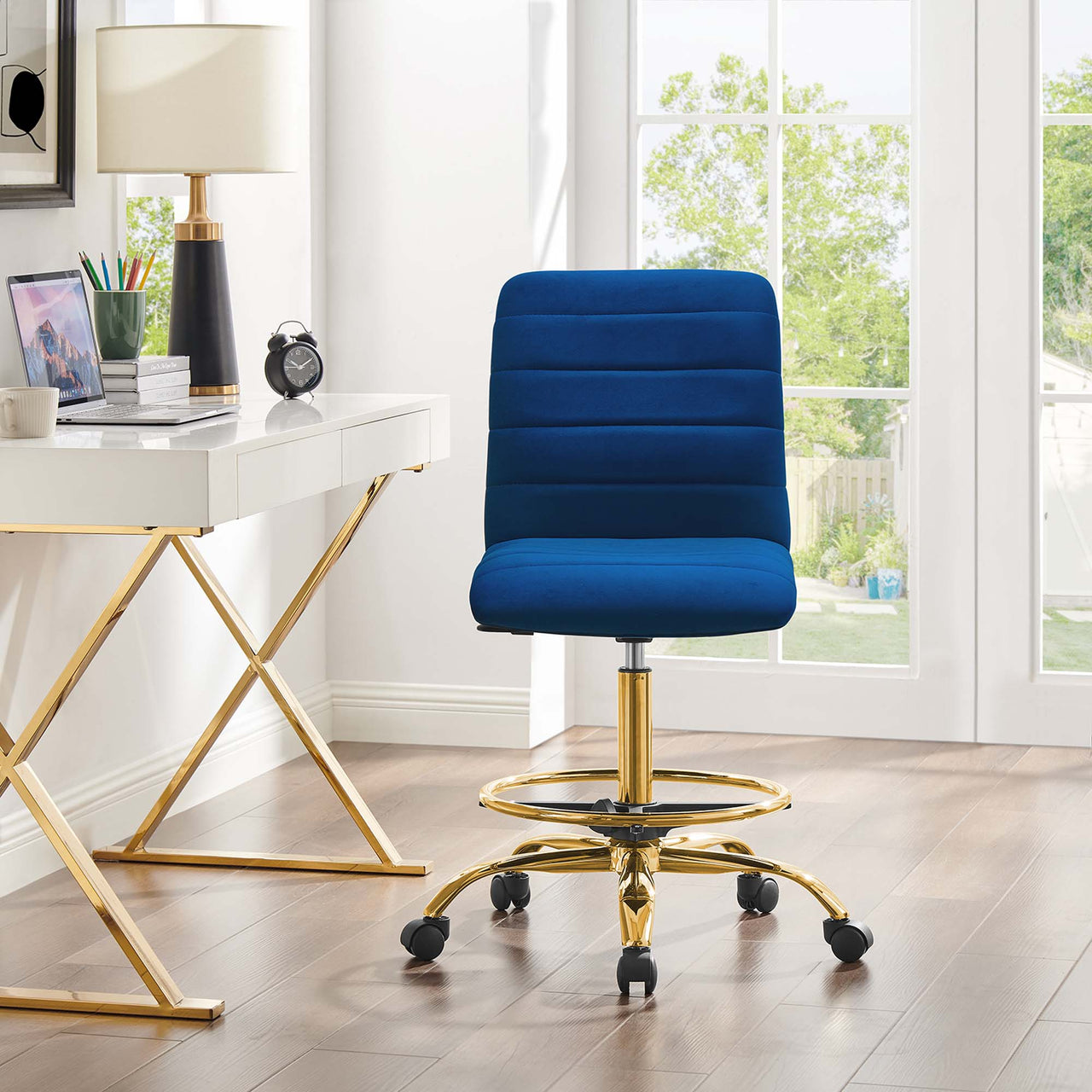 Drift Armless Velvet Drafting Chair, Gold & Navy