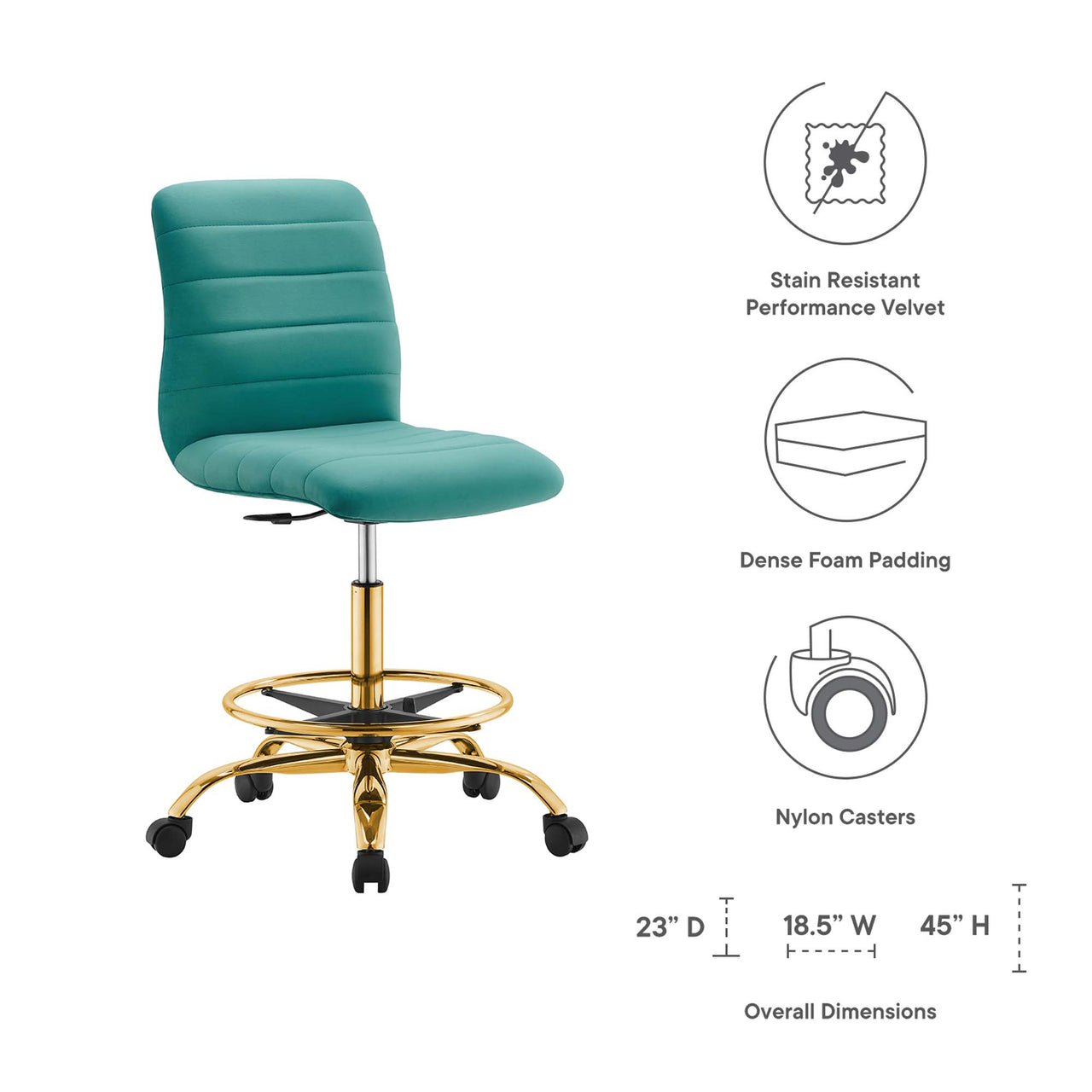 Drift Armless Velvet Drafting Chair, Gold & Teal