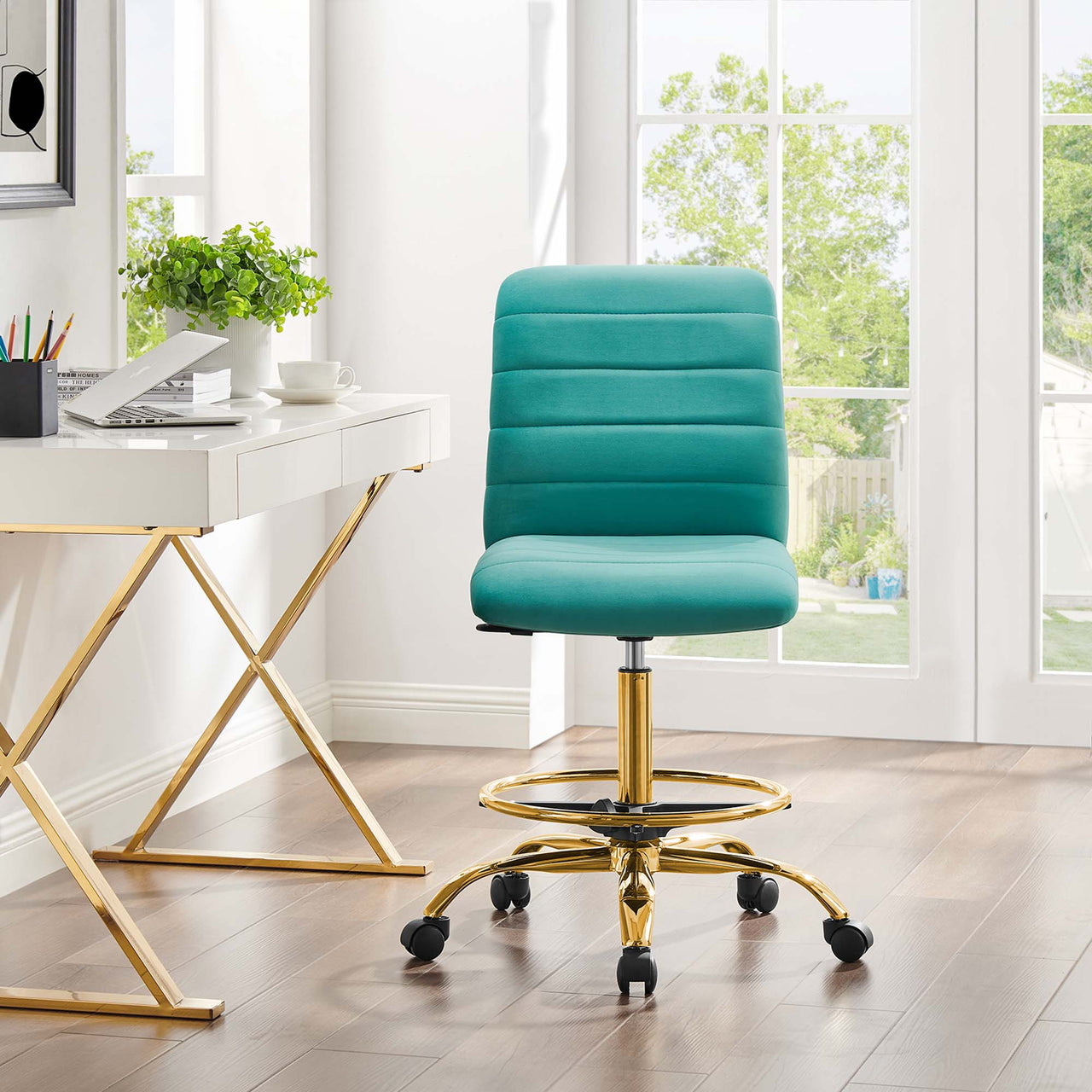 Drift Armless Velvet Drafting Chair, Gold & Teal