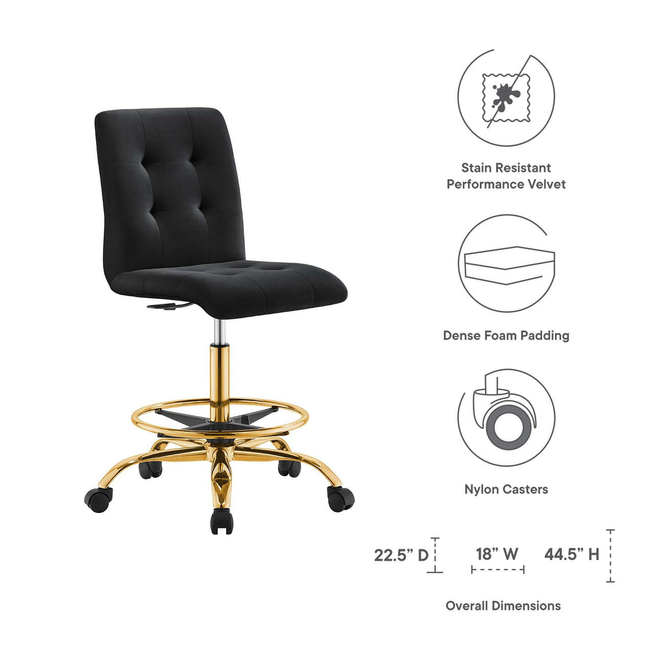 Quartz Armless Velvet Drafting Chair, Gold & Black