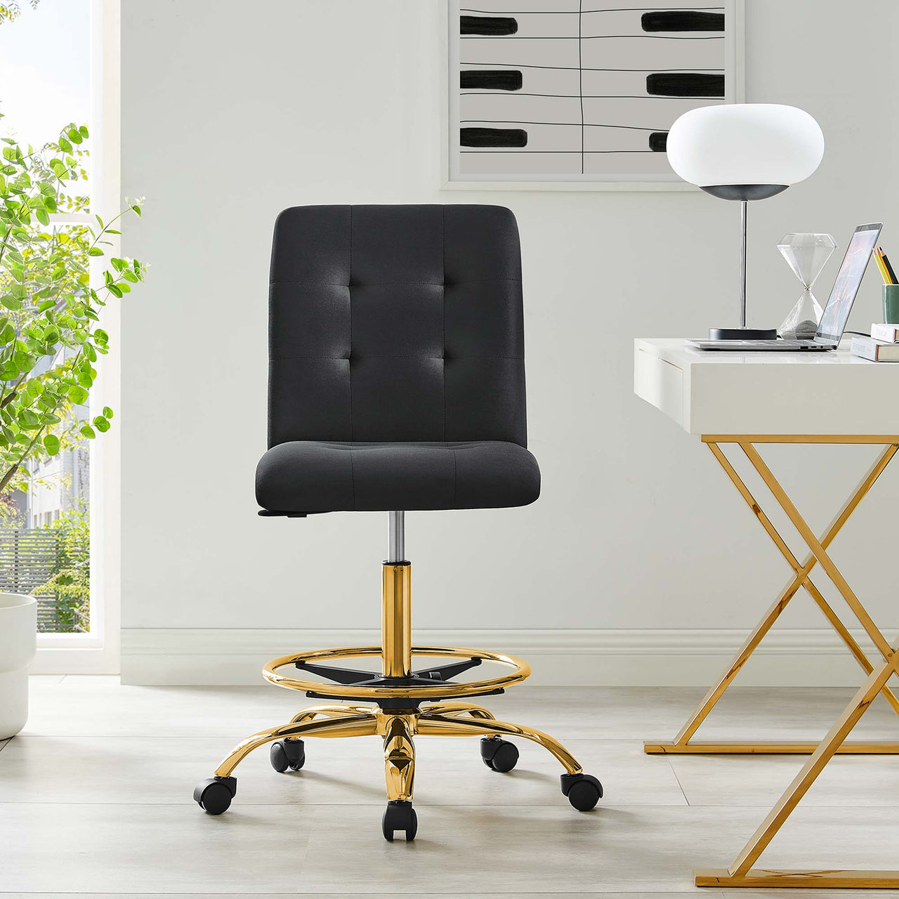 Quartz Armless Velvet Drafting Chair, Gold & Black