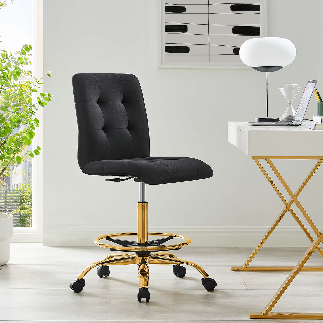 Quartz Armless Velvet Drafting Chair, Gold & Black