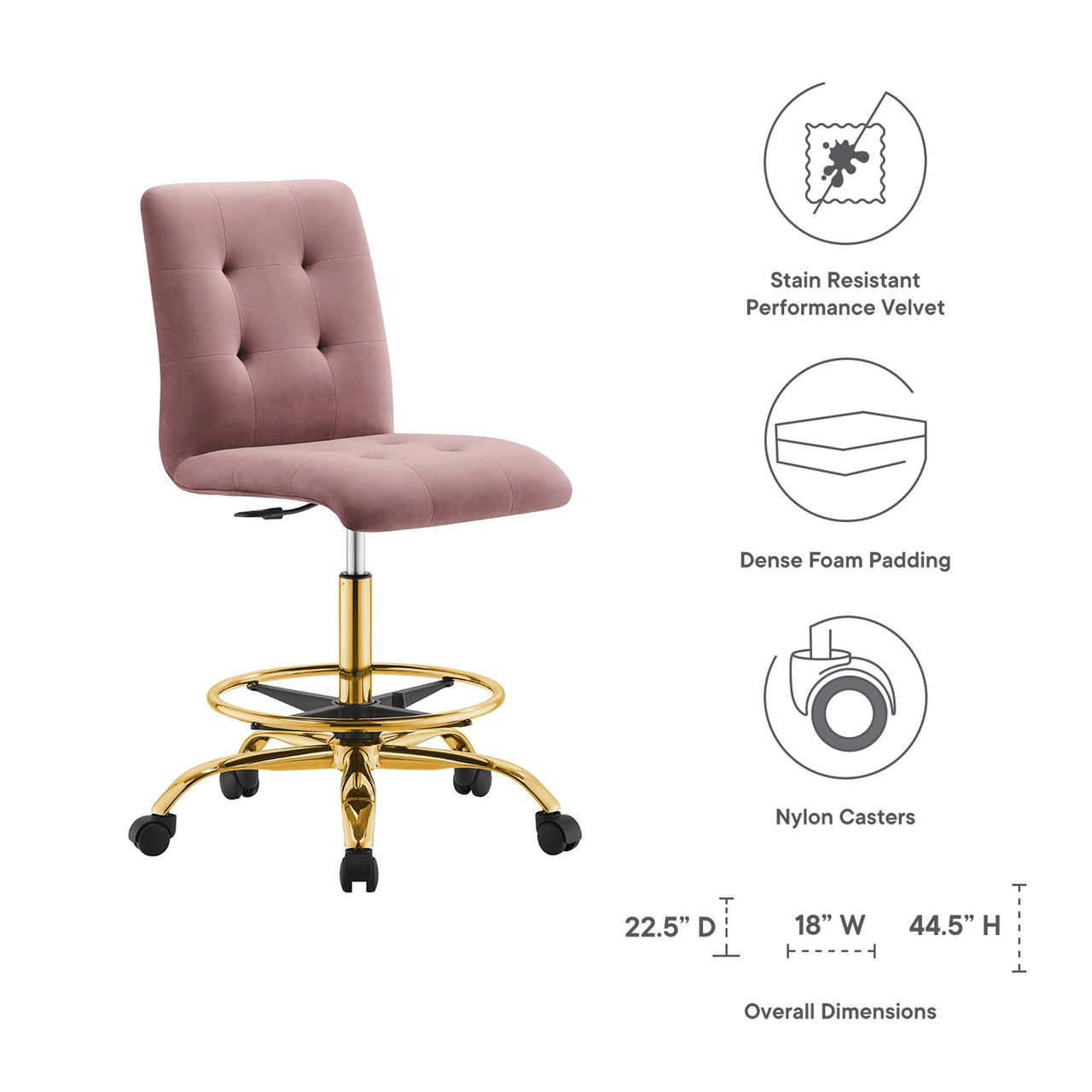 Quartz Armless Velvet Drafting Chair, Gold & Dusty Rose
