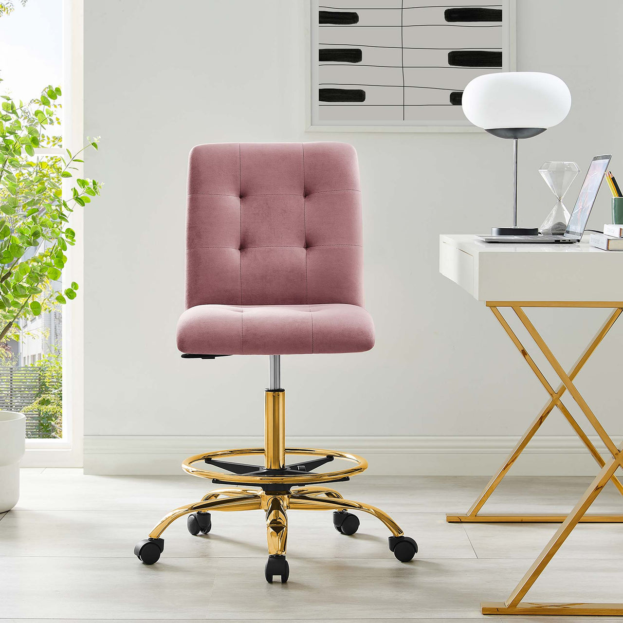 Quartz Armless Velvet Drafting Chair, Gold & Dusty Rose