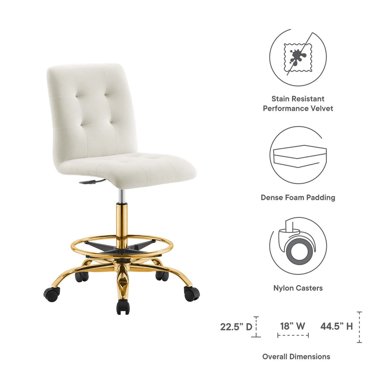 Quartz Armless Velvet Drafting Chair, Gold & Ivory