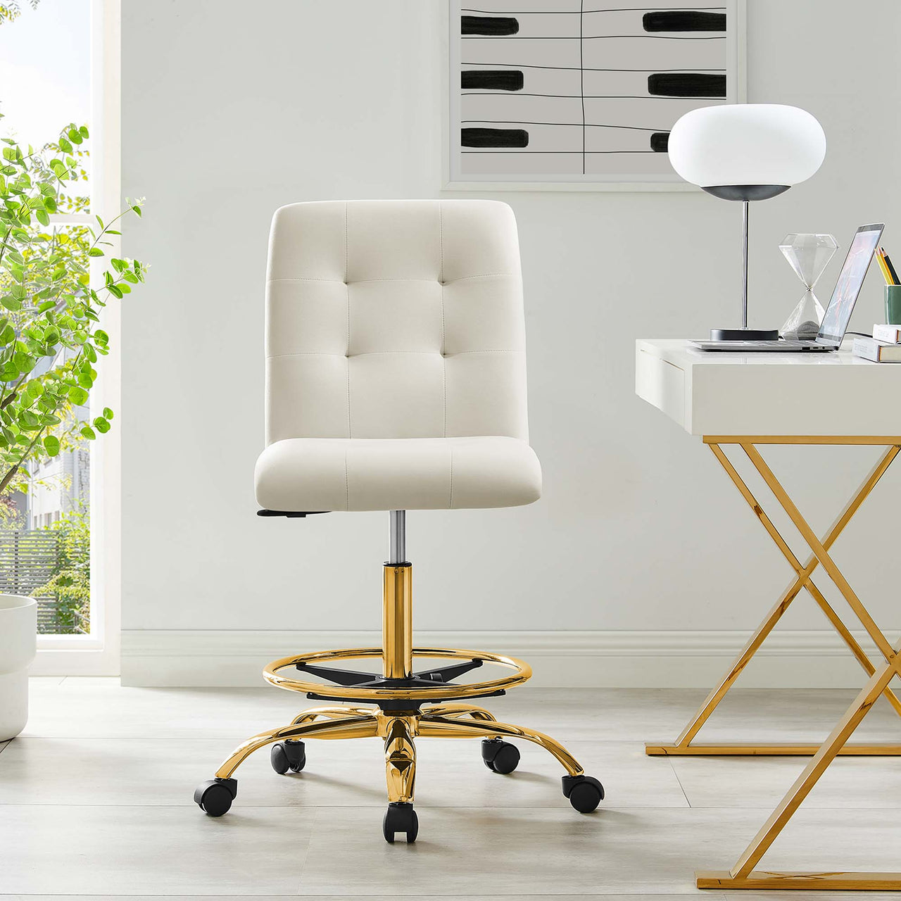 Quartz Armless Velvet Drafting Chair, Gold & Ivory