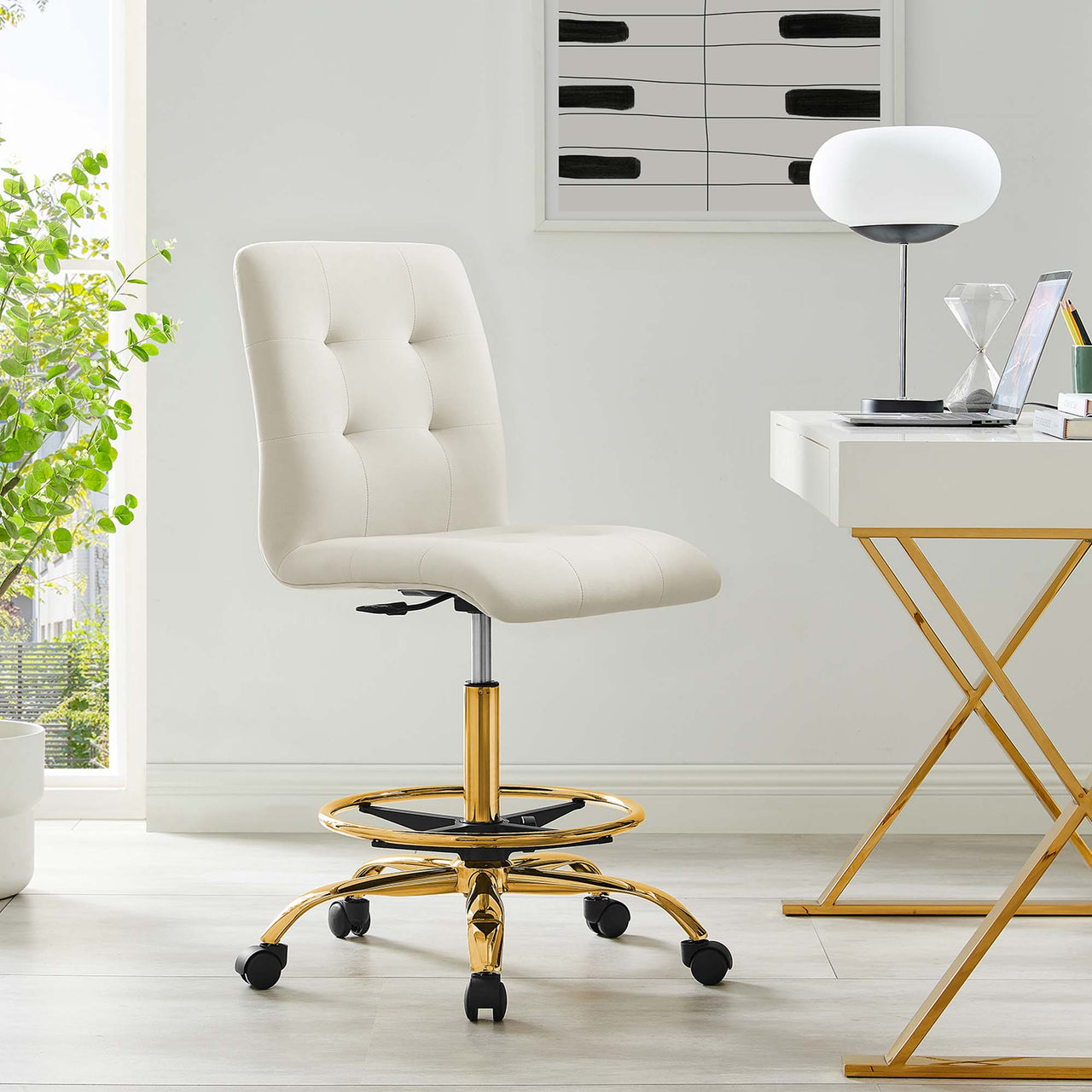 Quartz Armless Velvet Drafting Chair, Gold & Ivory
