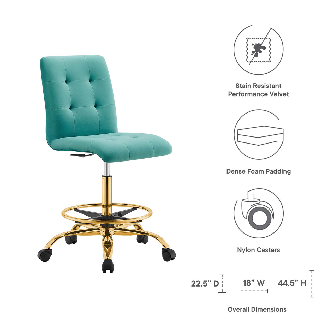 Quartz Armless Velvet Drafting Chair, Gold & Teal
