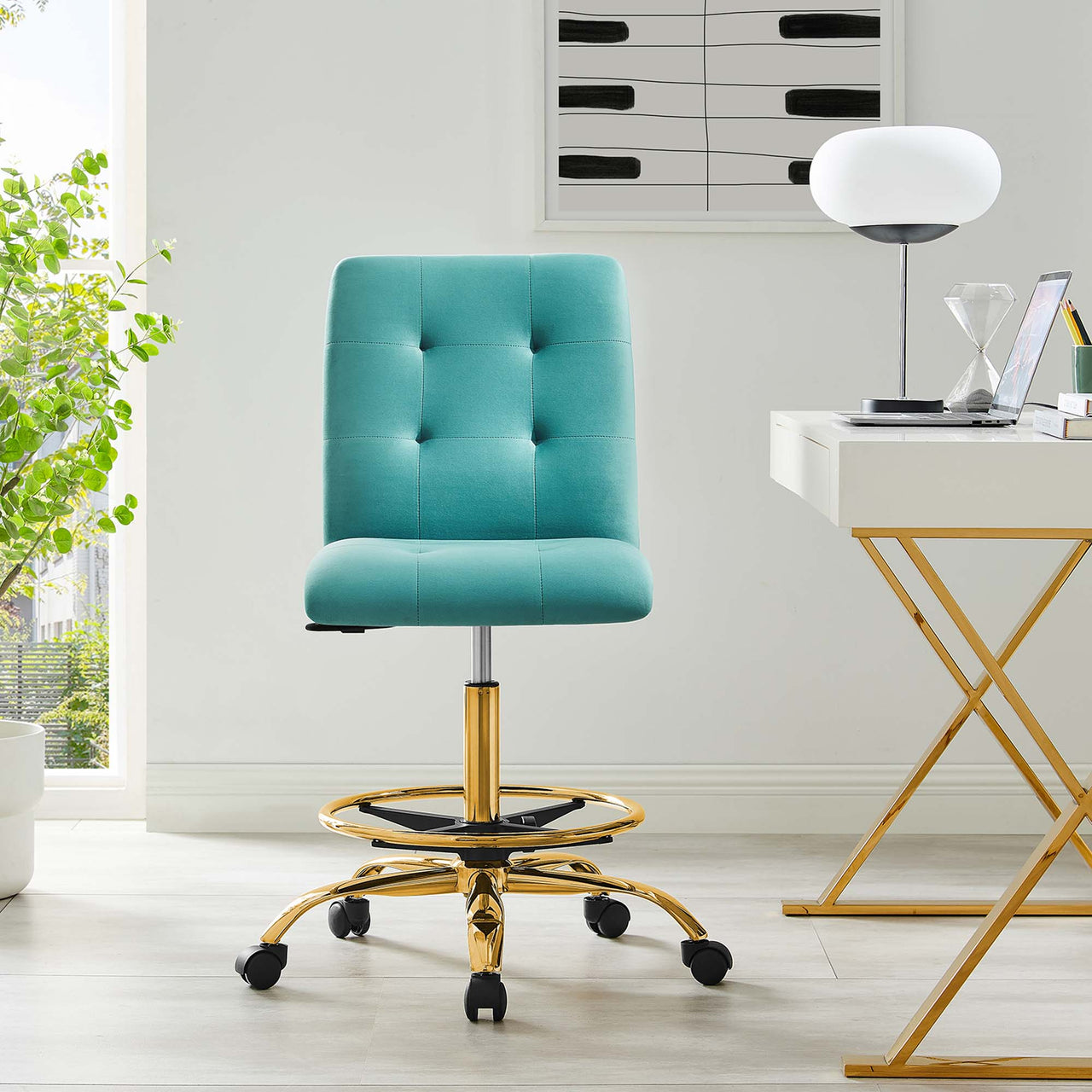Quartz Armless Velvet Drafting Chair, Gold & Teal