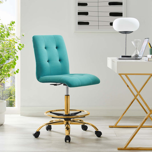 Quartz Armless Velvet Drafting Chair, Gold & Teal