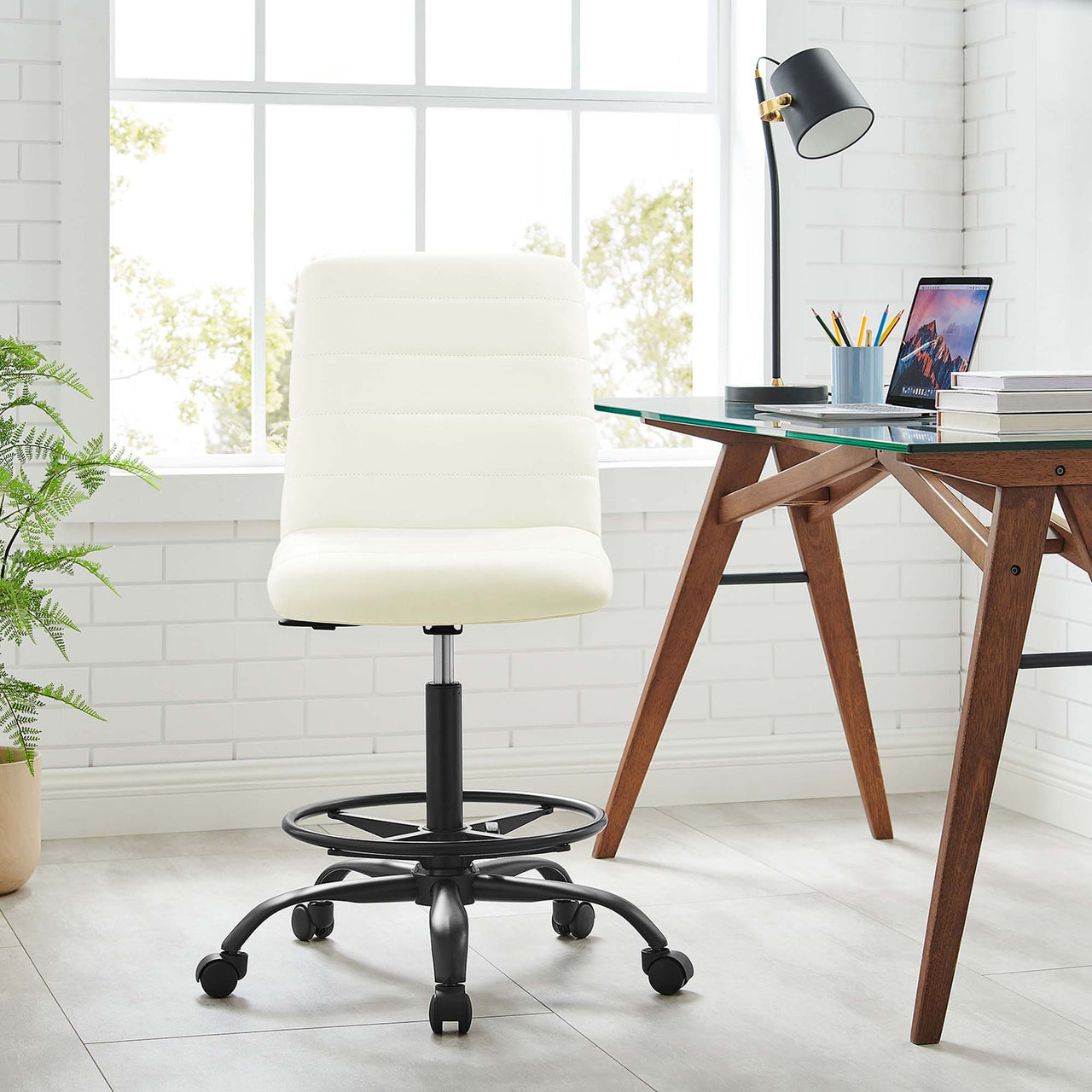 Drift Armless Eco-Leather Drafting Chair, Black & White
