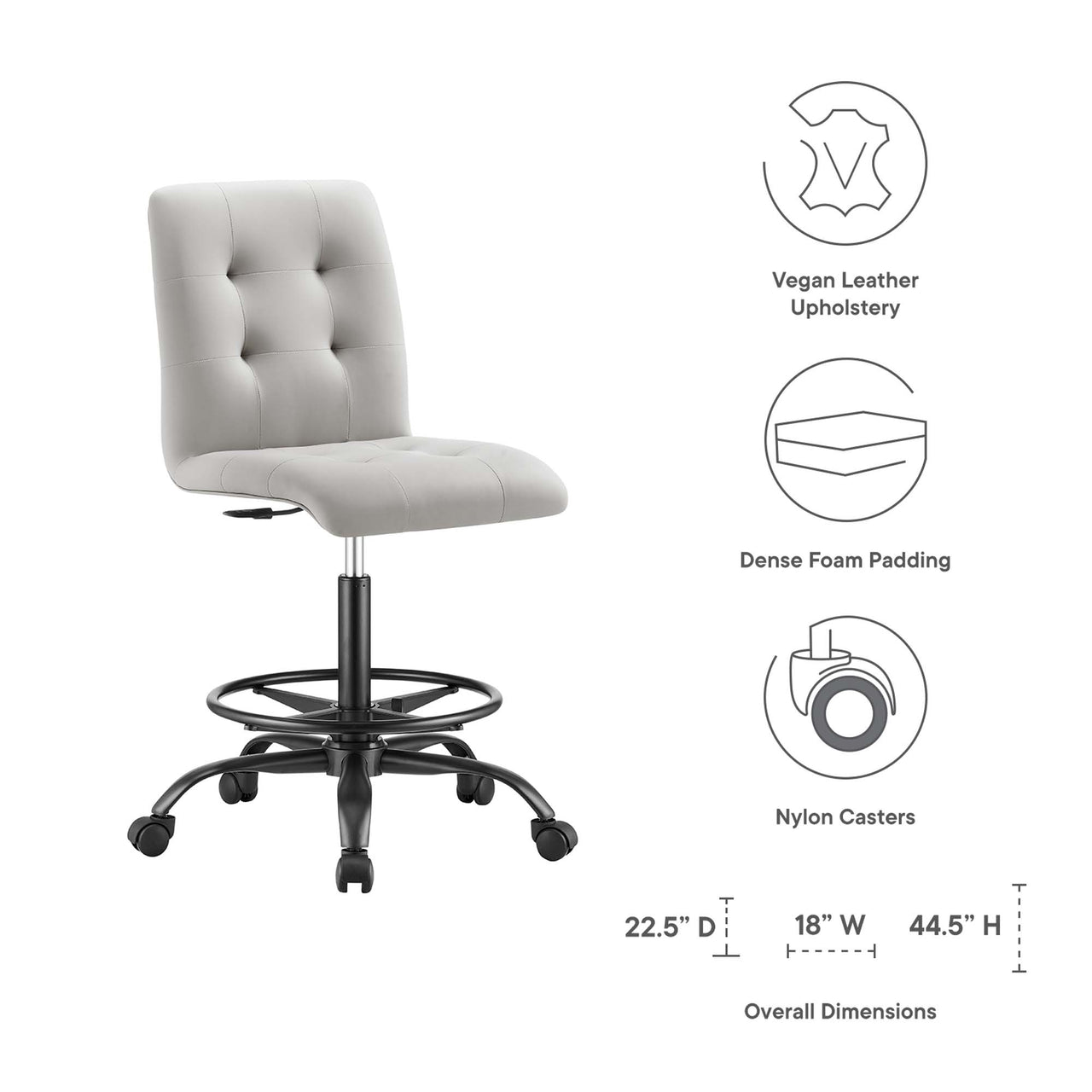 Quartz Armless Eco-Leather Drafting Chair, Black & Light Gray