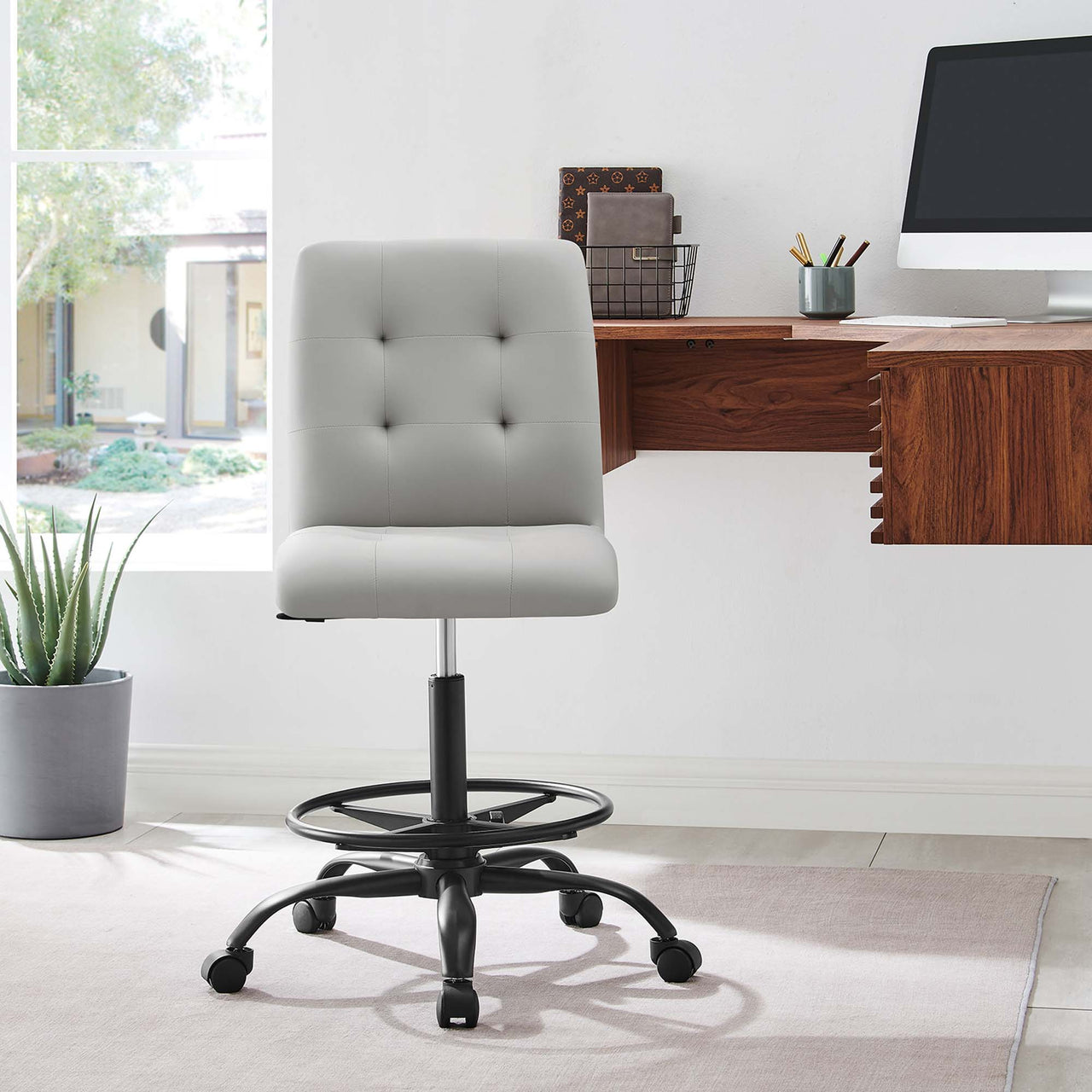 Quartz Armless Eco-Leather Drafting Chair, Black & Light Gray
