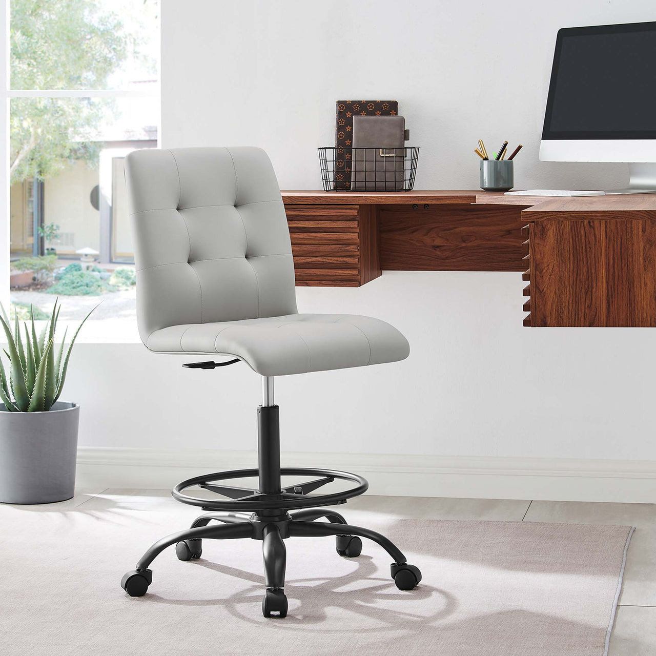 Quartz Armless Eco-Leather Drafting Chair, Black & Light Gray