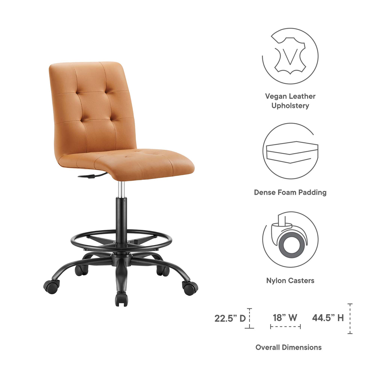 Quartz Armless Eco-Leather Drafting Chair, Black & Tan