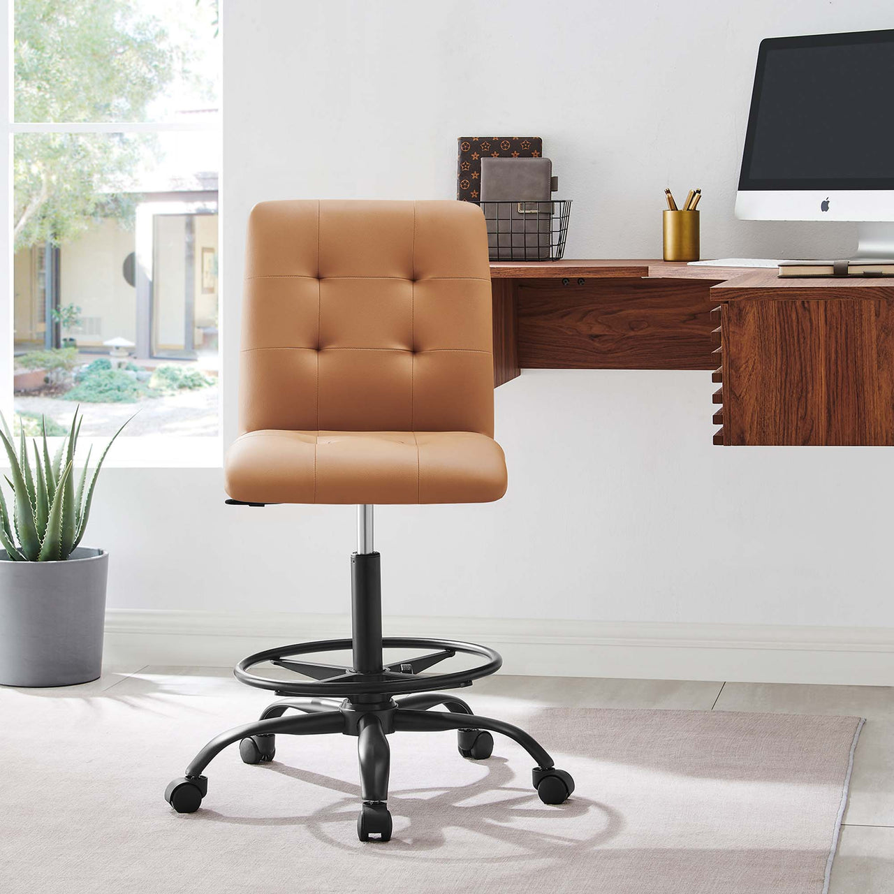 Quartz Armless Eco-Leather Drafting Chair, Black & Tan