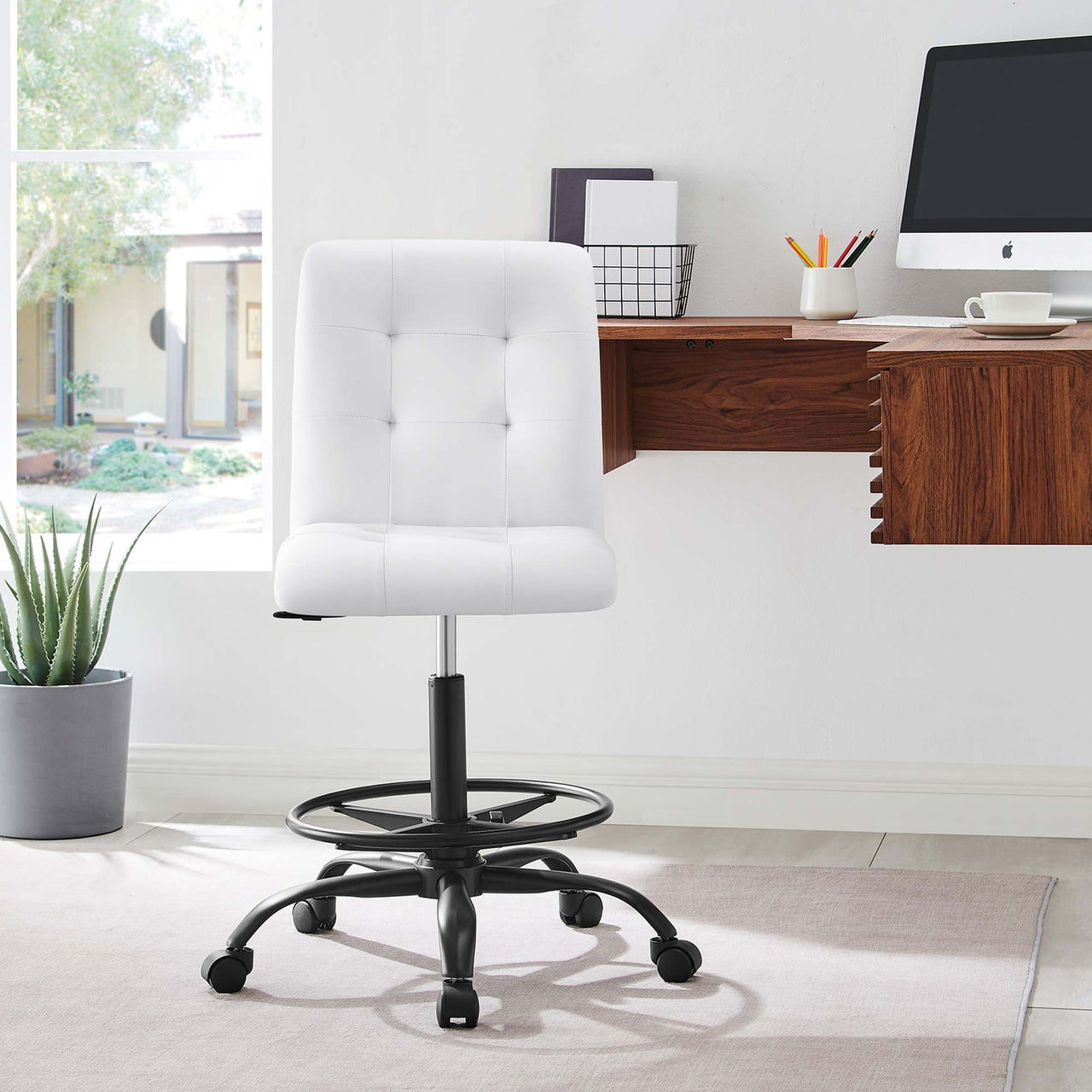 Quartz Armless Eco-Leather Drafting Chair, Black & White