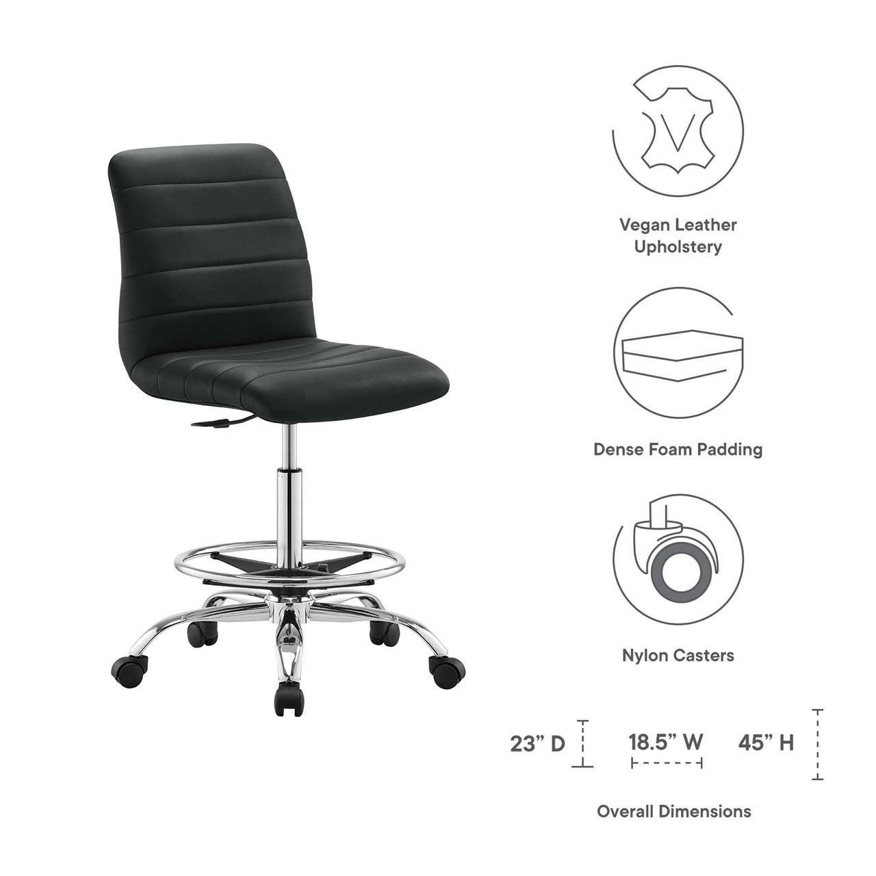 Drift Armless Eco-Leather Drafting Chair, Silver & Black