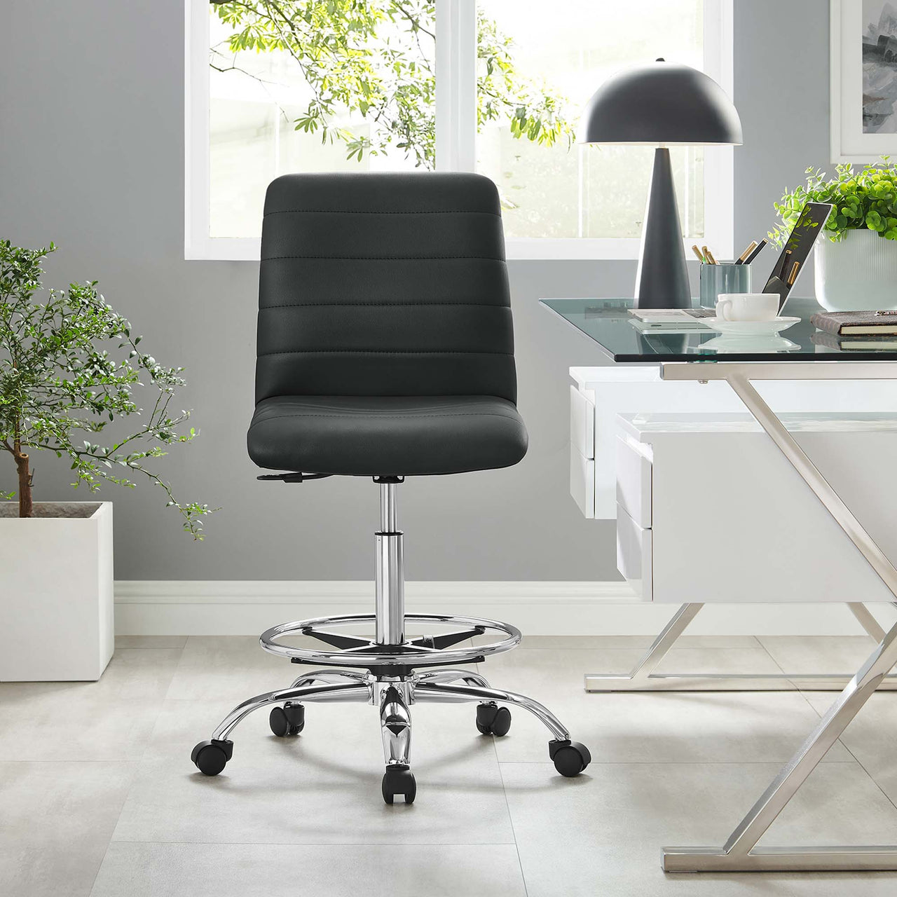 Drift Armless Eco-Leather Drafting Chair, Silver & Black