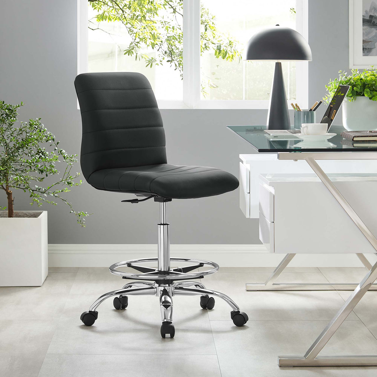 Drift Armless Eco-Leather Drafting Chair, Silver & Black