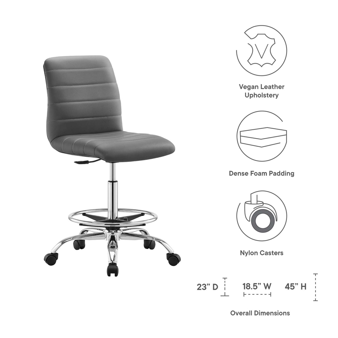 Drift Armless Eco-Leather Drafting Chair, Silver & Gray
