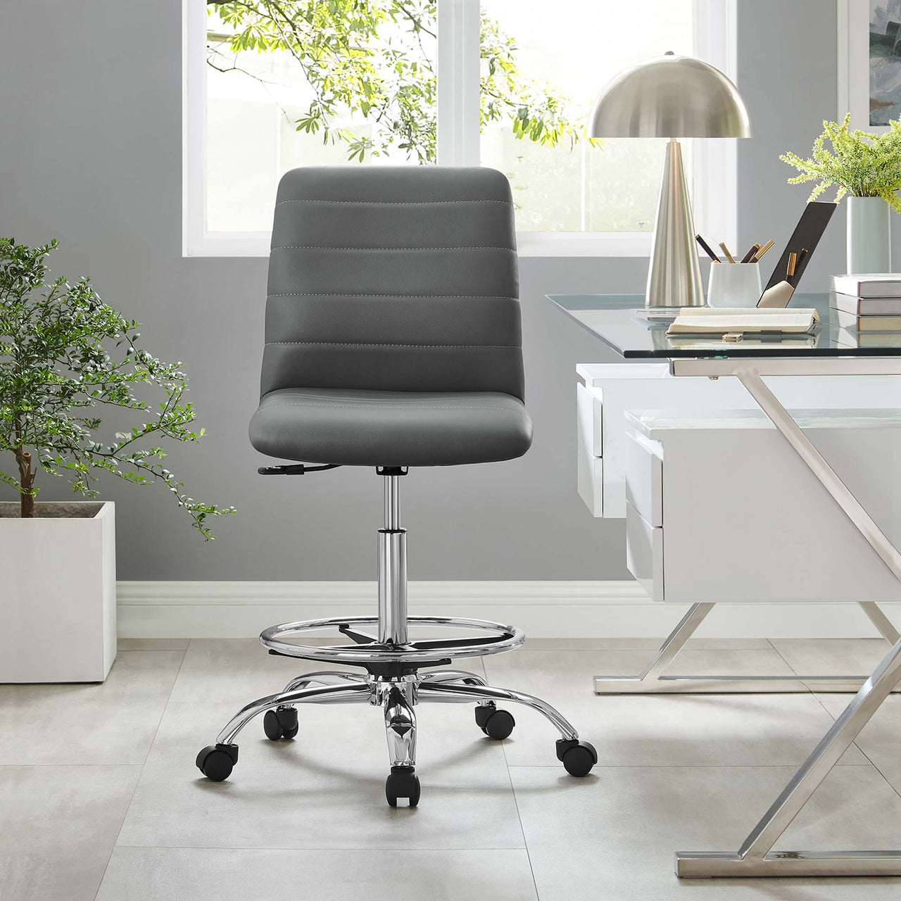 Drift Armless Eco-Leather Drafting Chair, Silver & Gray