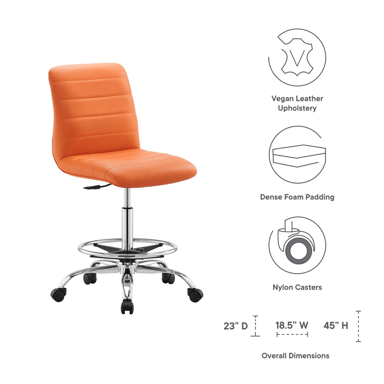 Drift Armless Eco-Leather Drafting Chair, Silver & Orange