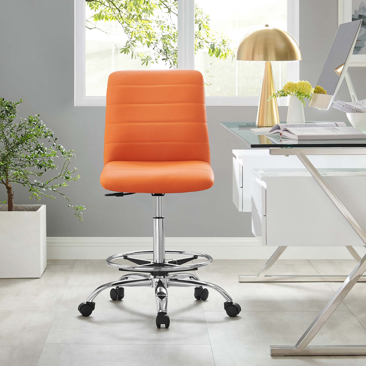 Drift Armless Eco-Leather Drafting Chair, Silver & Orange