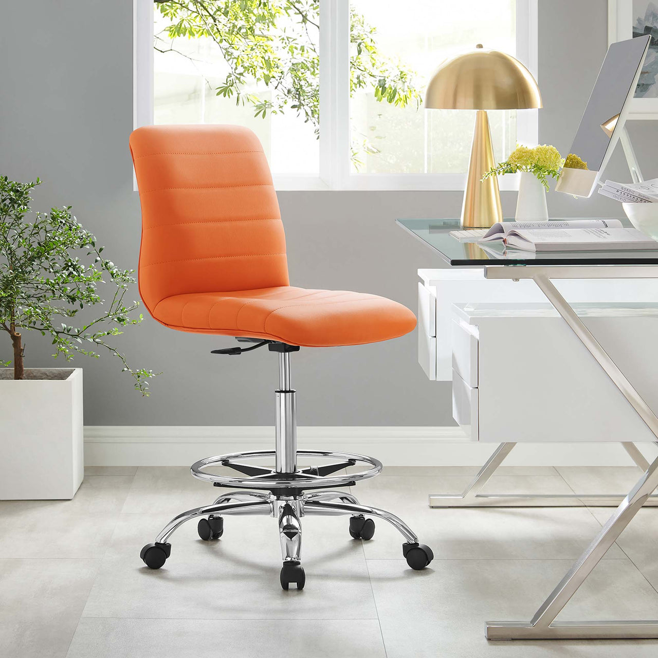 Drift Armless Eco-Leather Drafting Chair, Silver & Orange