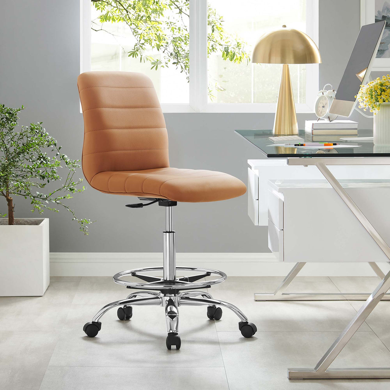 Drift Armless Eco-Leather Drafting Chair, Silver & Tan
