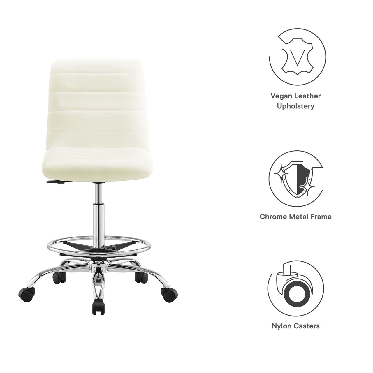 Drift Armless Eco-Leather Drafting Chair, Silver & White
