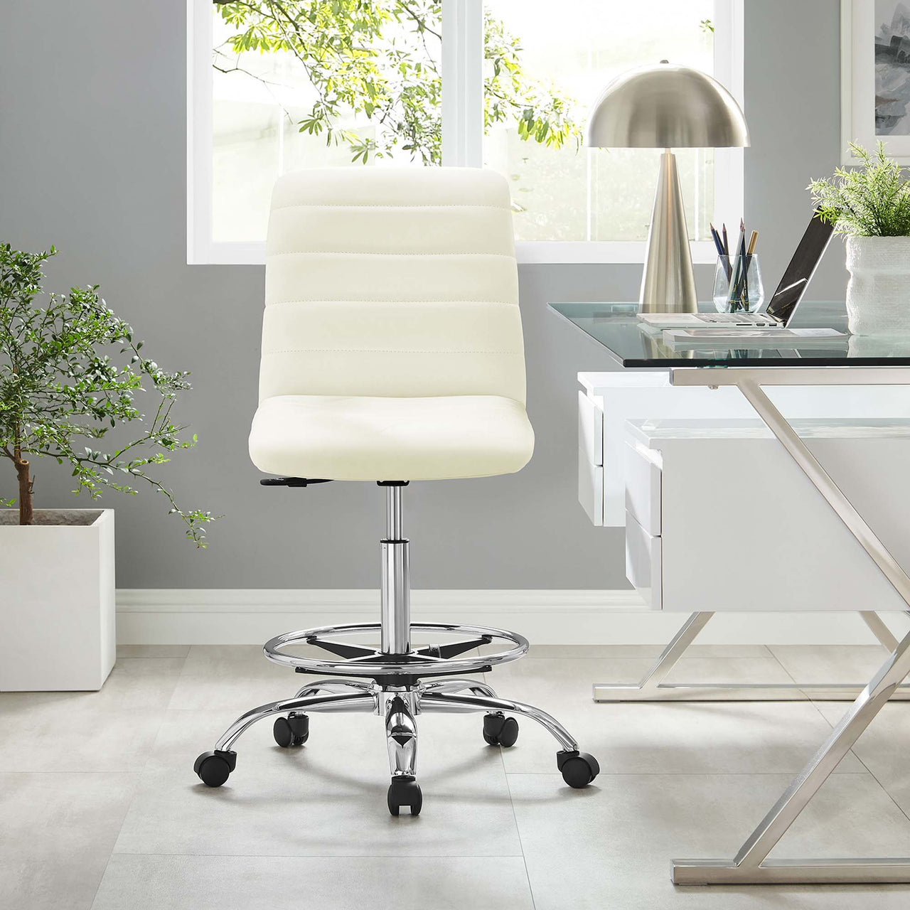 Drift Armless Eco-Leather Drafting Chair, Silver & White