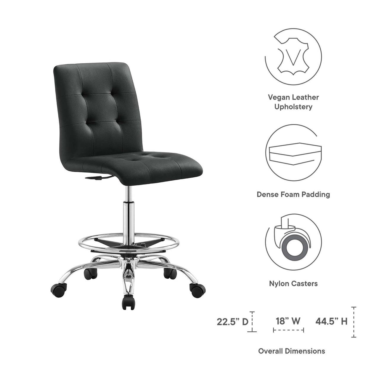 Quartz Armless Eco-Leather Drafting Chair, Silver & Black