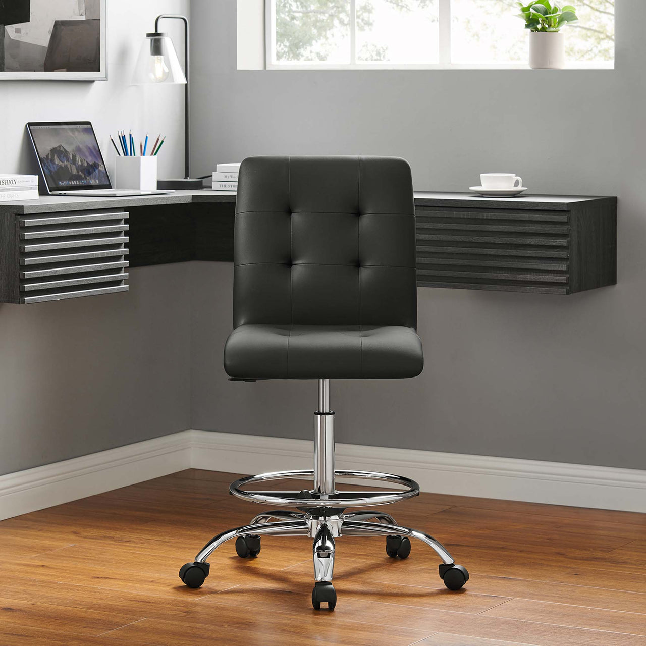 Quartz Armless Eco-Leather Drafting Chair, Silver & Black