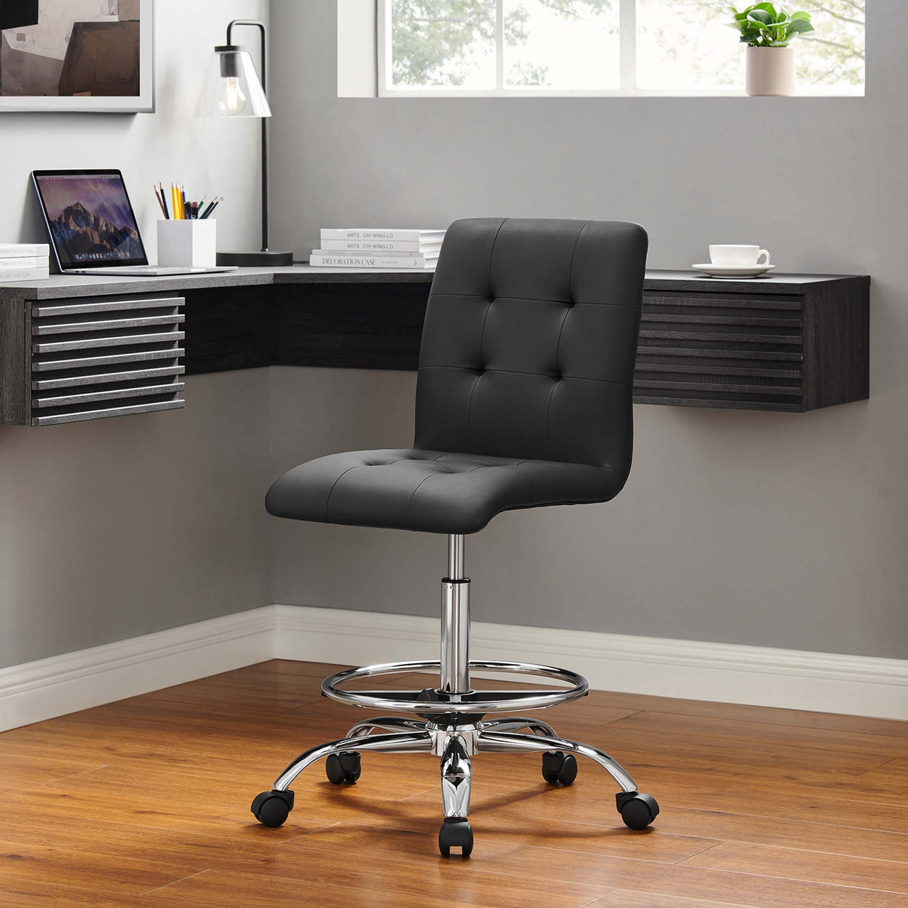 Quartz Armless Eco-Leather Drafting Chair, Silver & Black