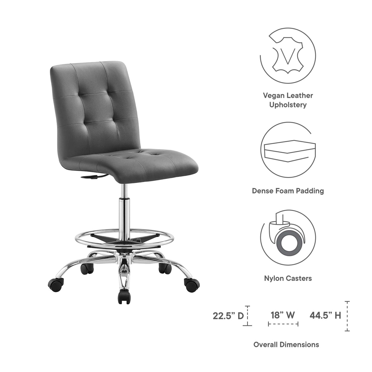 Quartz Armless Eco-Leather Drafting Chair, Silver & Gray
