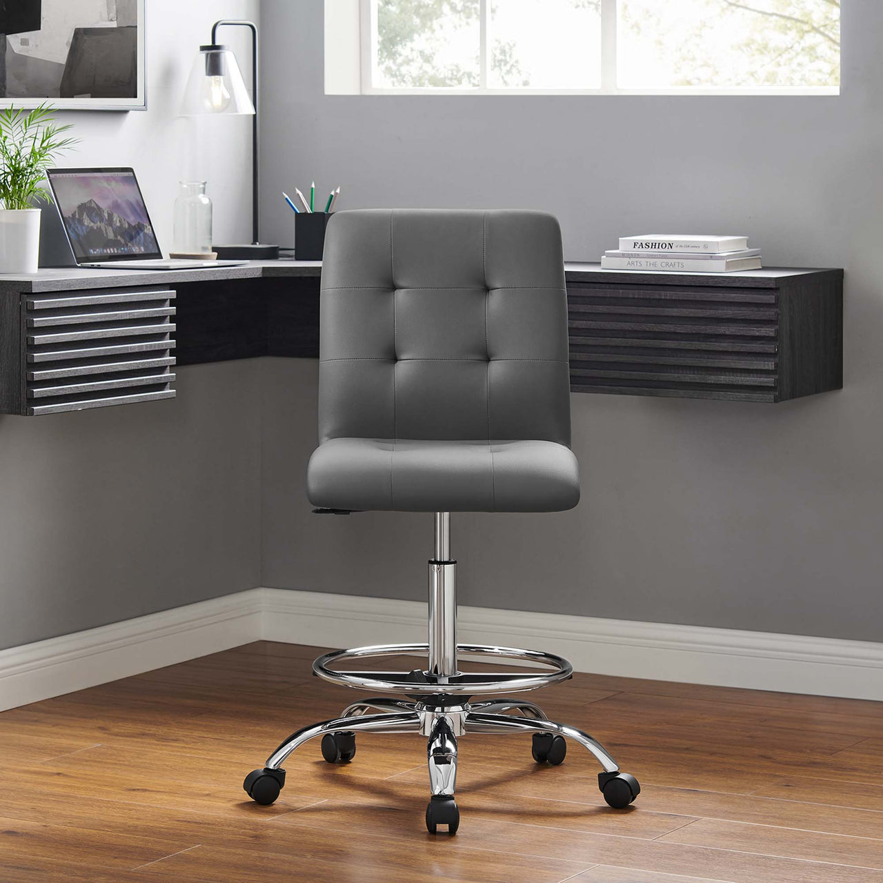 Quartz Armless Eco-Leather Drafting Chair, Silver & Gray