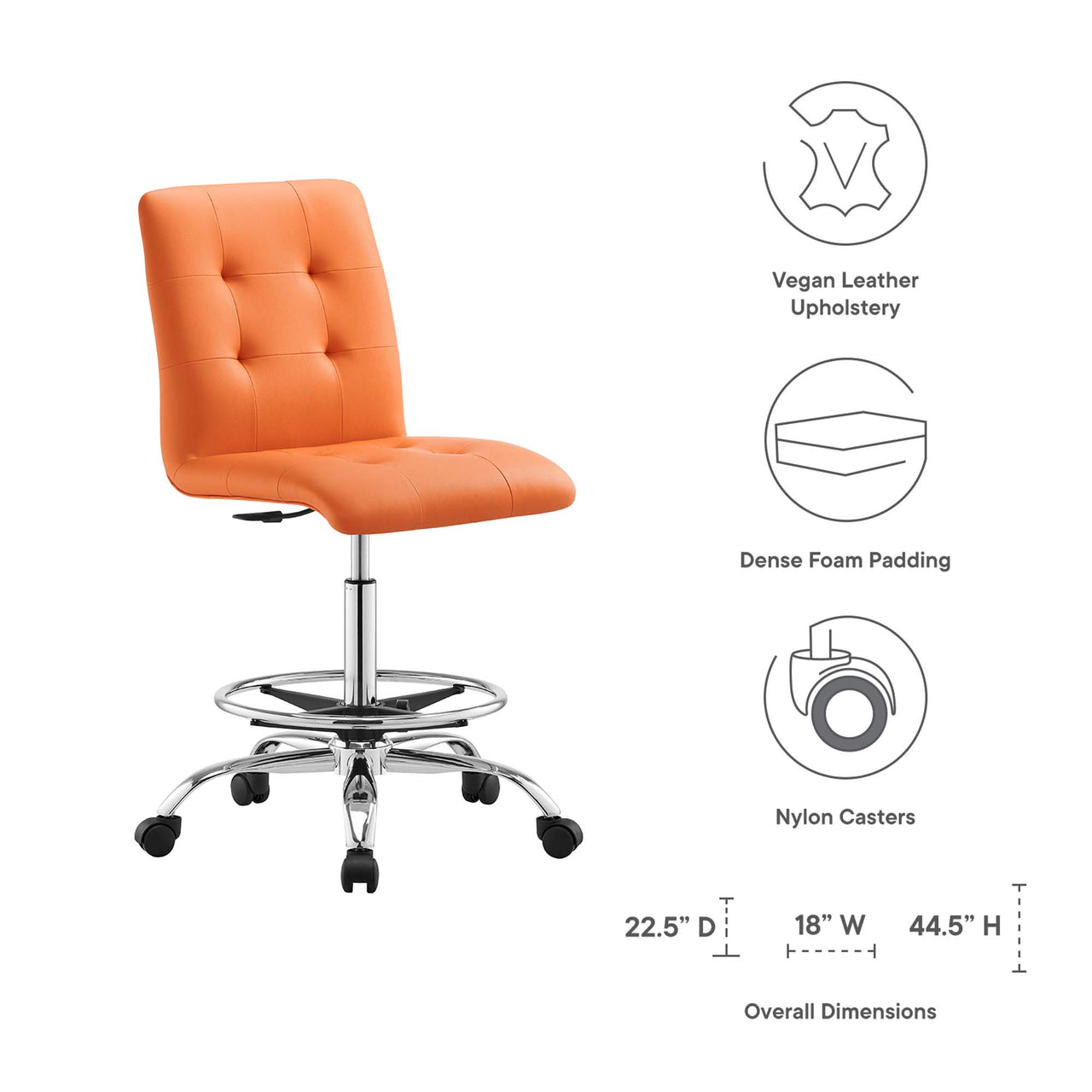 Quartz Armless Eco-Leather Drafting Chair, Silver & Orange