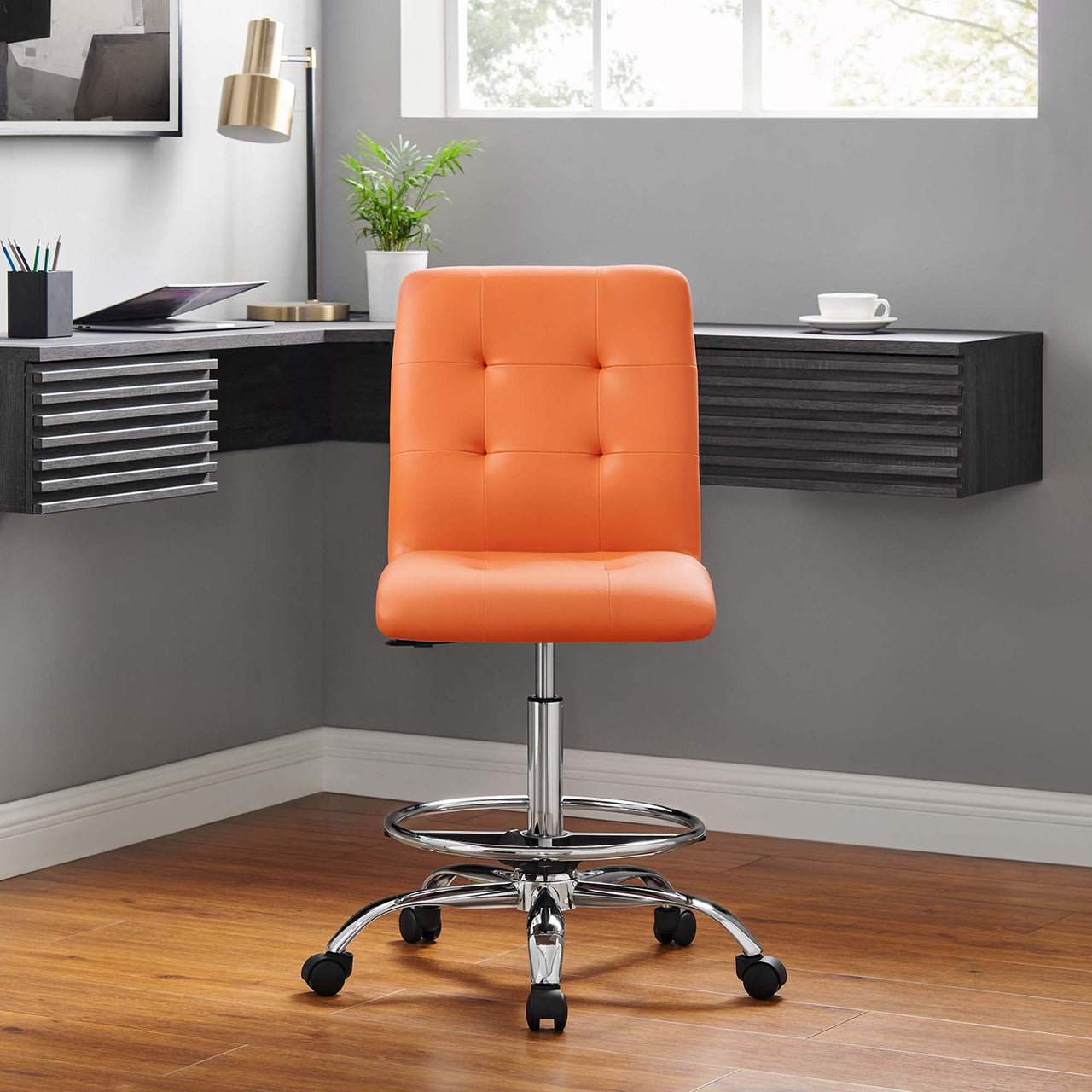 Quartz Armless Eco-Leather Drafting Chair, Silver & Orange