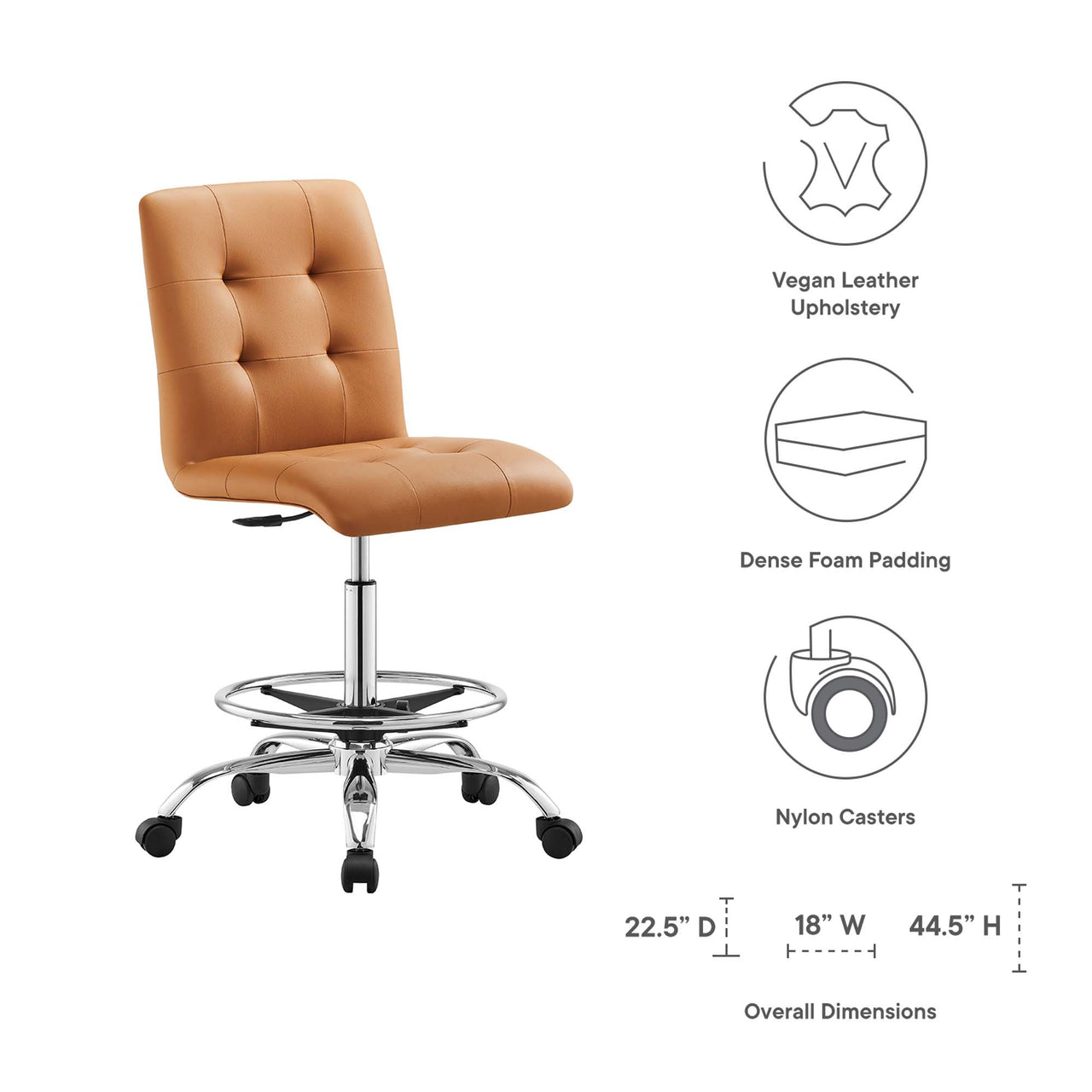 Quartz Armless Eco-Leather Drafting Chair, Silver & Tan